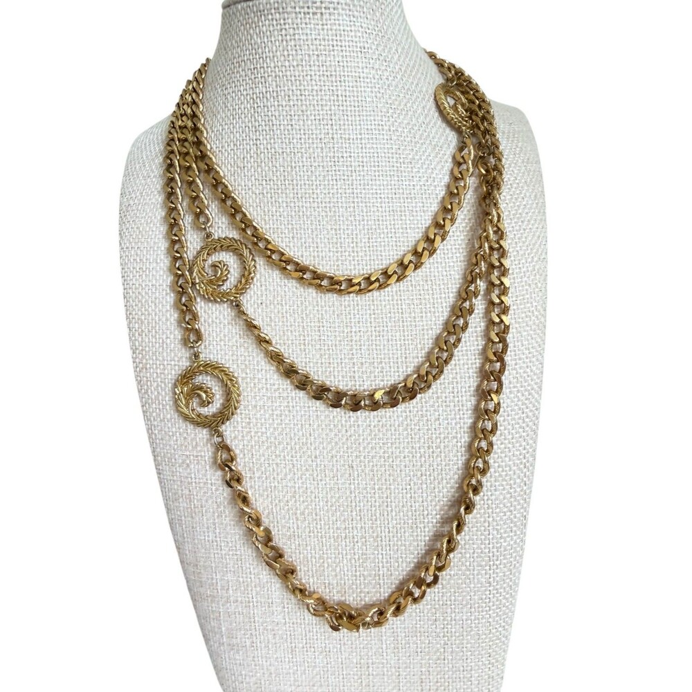 Vintage 1980s Monet Gold Tone Multi Strand Curb Chain Swirl Medallion Necklace